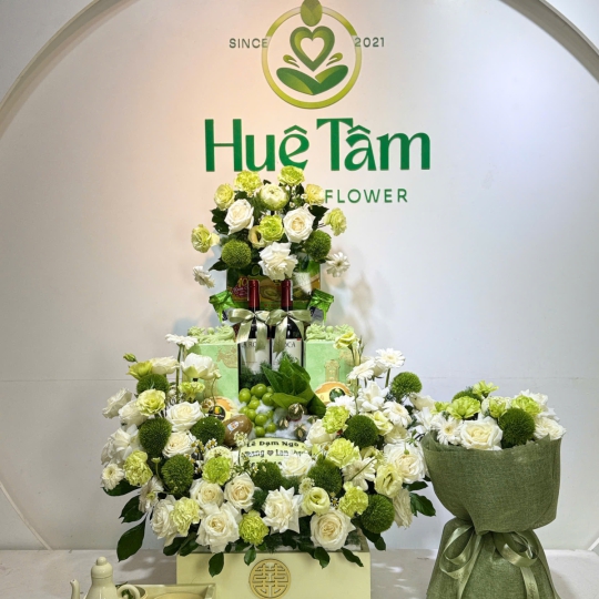 Mâm Dạm Ngõ Thanh Tân – Mâm Lễ Cưới Hỏi Hoa Tươi Xanh Trắng Trang Nhã 