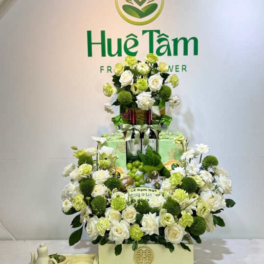 Mâm Dạm Ngõ Thanh Tân – Mâm Lễ Cưới Hỏi Hoa Tươi Xanh Trắng Trang Nhã  