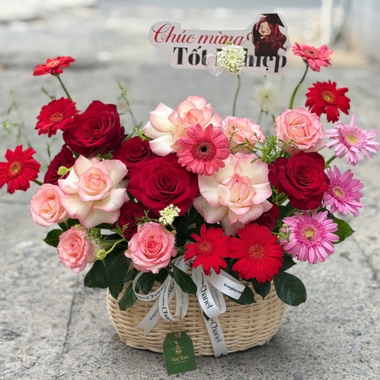 Giỏ Hoa Chúc Mừng Tốt Nghiệp Hồng Đỏ – Rạng Danh Thành Công  