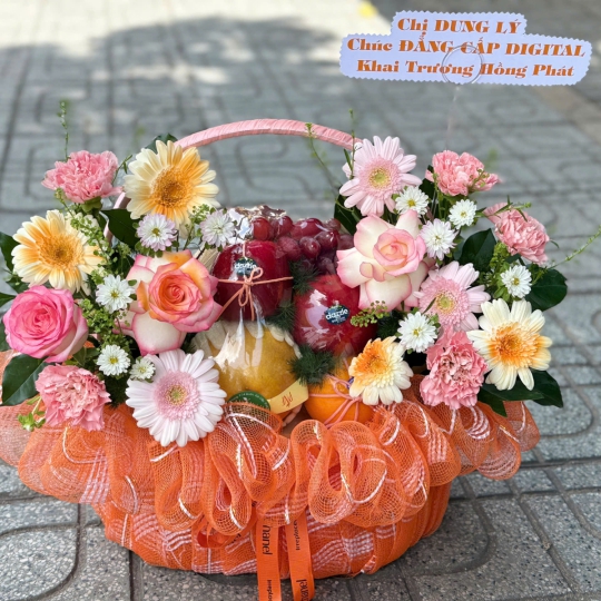 🧡🌸 Giỏ Trái Cây Hoa Tươi – Hồng Đào Khai Lộc 